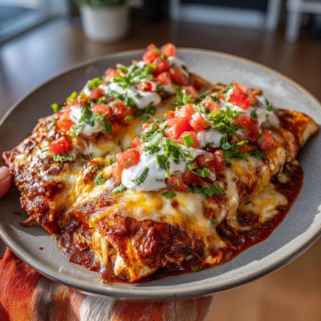 Saftige Hähnchen-Enchiladas serviert auf einem grauen Teller, garniert mit frischen Tomaten, Kräutern und cremiger Crème fraîche.