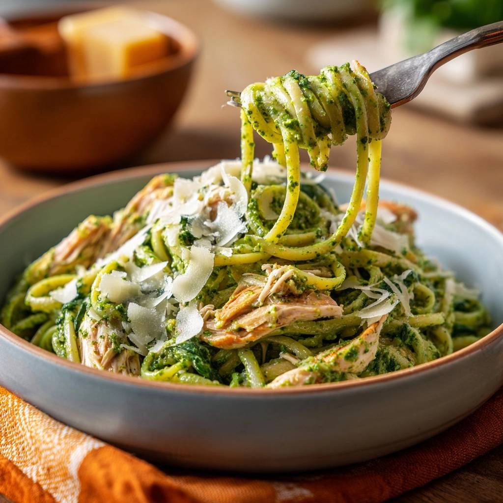 Saftige Hahnchen Pesto Linguine Auf Der Gabel 1 Saftige Hähnchen-Pesto-Linguine werden auf einer Gabel gehalten, um die cremige Textur und die frischen Zutaten zu zeigen.