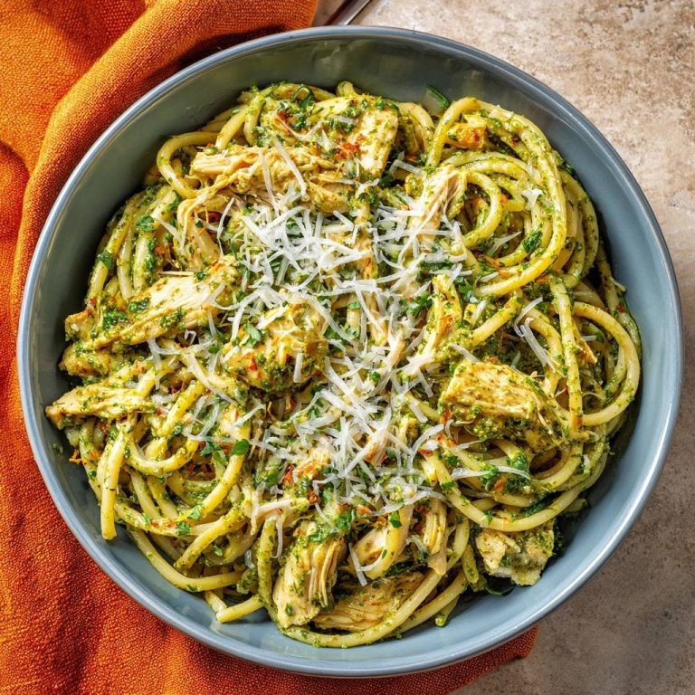 Saftige Hähnchen-Pesto-Linguine in einer blauen Schüssel, serviert von oben, mit Parmesan und frischen Kräutern garniert.