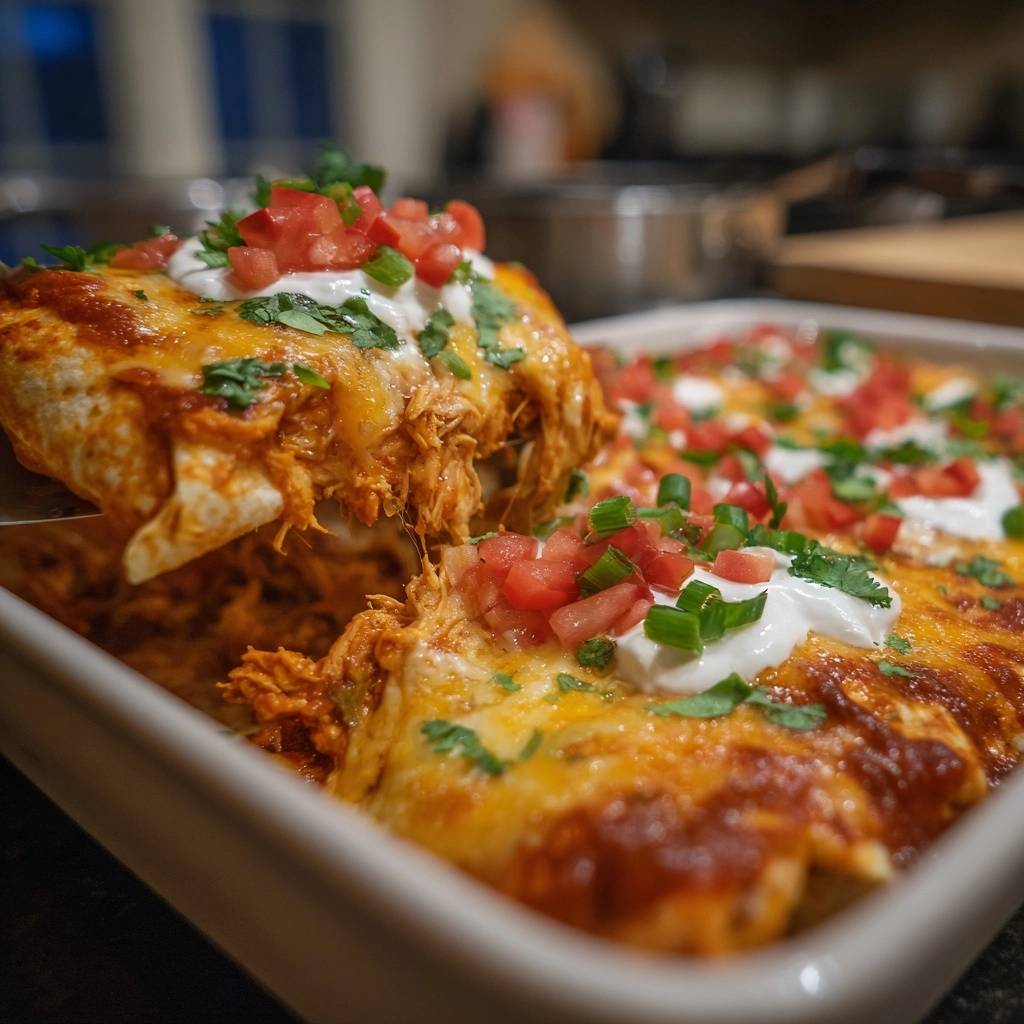 Saftige Hhnchen Enchiladas Nahaufnahme Serviert 1 Saftige Hähnchen-Enchiladas in Nahaufnahme serviert, mit geschmolzenem Käse, frischem Gemüse und saftigem Hähnchen-Fleisch.