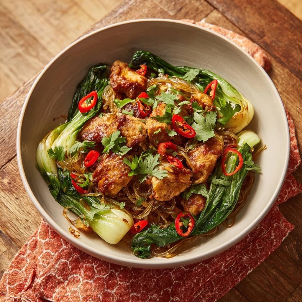 Saftige Huhner Bok Choy Nudel Suppe Draufsicht 1 Saftige Hühner-Bok-Choy-Nudel-Suppe in einer Schüssel, serviert mit frischem Koriander und roten Chiliringen von oben betrachtet.