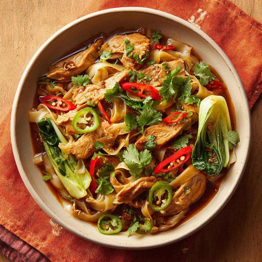 Saftige Hühner-Bok-Choy-Nudel-Suppe in einer Schüssel, serviert von oben mit frischen Kräutern und Chili-Scheiben.