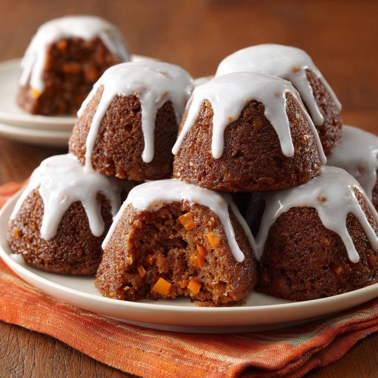 Saftige Karottenmuffins mit Guss, angeschnitten und mit einer weißen Glasur bedeckt, zeigen eine saftige Textur und Karottenstücke.