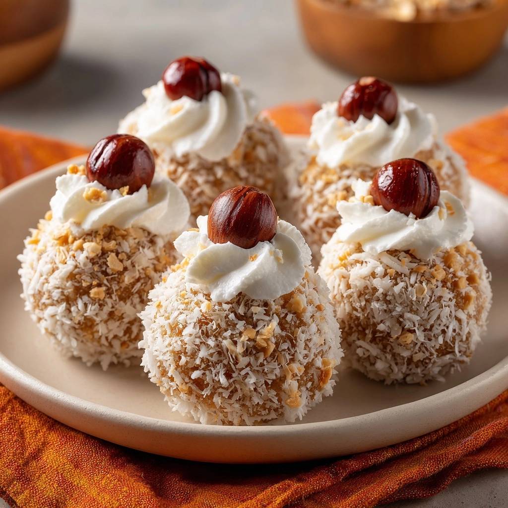 Saftige Kokos Haselnuss Schneeballchen Serviert 1 Saftige Kokos-Haselnuss-Schneebällchen serviert auf einem hellen Teller, garniert mit Sahne und einer Haselnuss. Diese köstlichen Schneebällchen sind ein unwiderstehlicher Genuss.