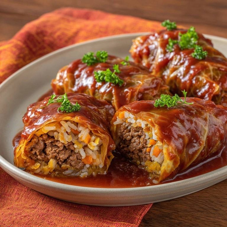 Saftige Rinder-Kohlrouladen in Nahaufnahme, mit einem Blick auf die fleischige Füllung und den saftigen Reis, serviert mit Tomatensauce.
