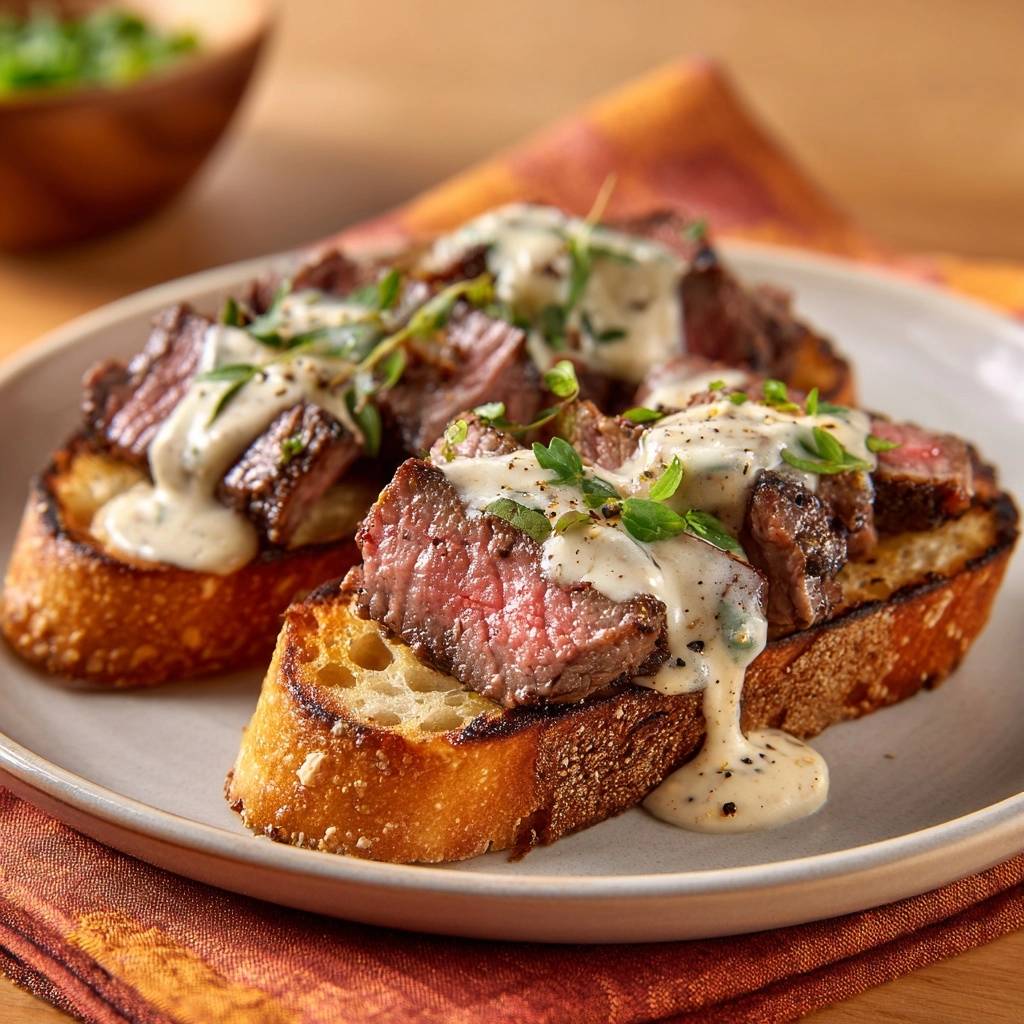 Saftige Rindfleisch Crostini Mit Kraeuter Joghurt Sauce Serv 1 Saftige Rindfleisch-Crostini mit Kräuter-Joghurt-Sauce serviert auf einem Teller, mit saftigem Fleisch und cremiger Sauce garniert.
