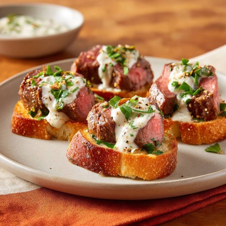 Saftige Rindfleisch-Crostini mit Kräuter-Joghurt-Sauce serviert auf einem Teller, garniert mit frischen Kräutern und cremiger Sauce.