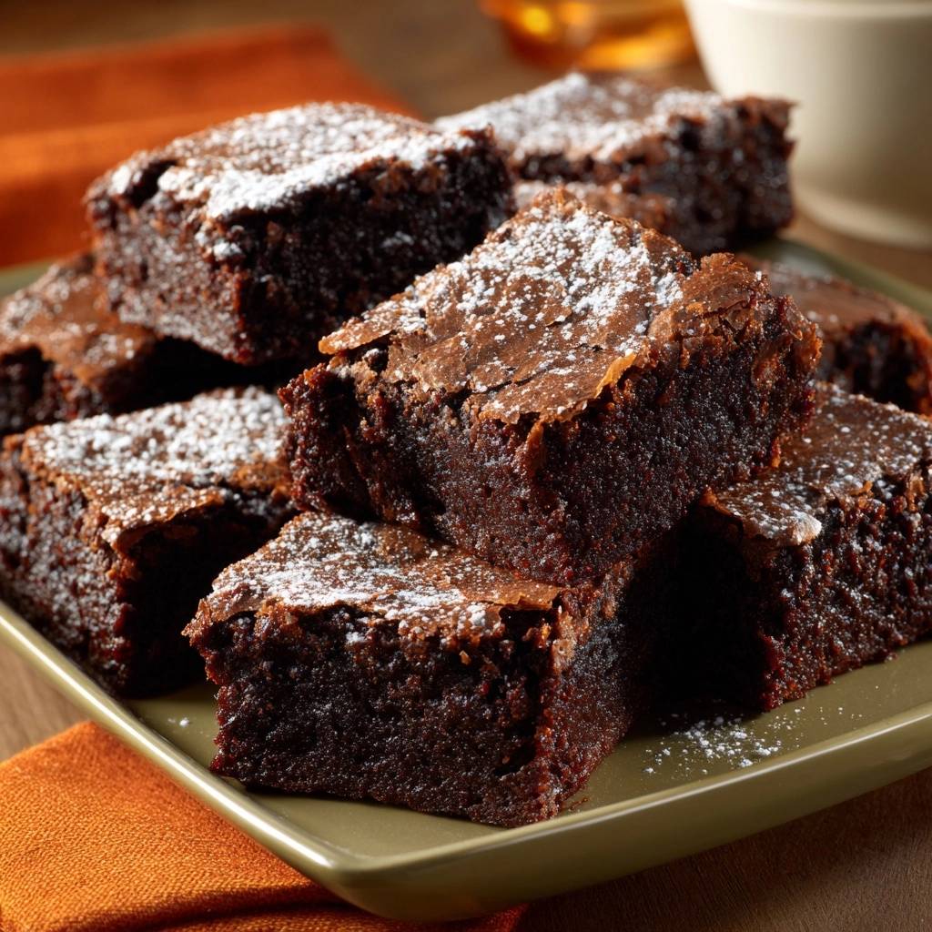 Saftige Schoko Brownies Gestapelt 1 Saftige Schoko-Brownies sind hier auf einem Teller gestapelt, mit Puderzucker bestäubt und bereit zum Servieren.