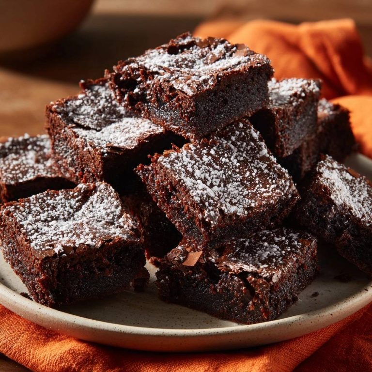 Saftige Schoko-Brownies sind gestapelt auf einem Teller angerichtet, mit Puderzucker bestäubt und bereit zum Genießen.