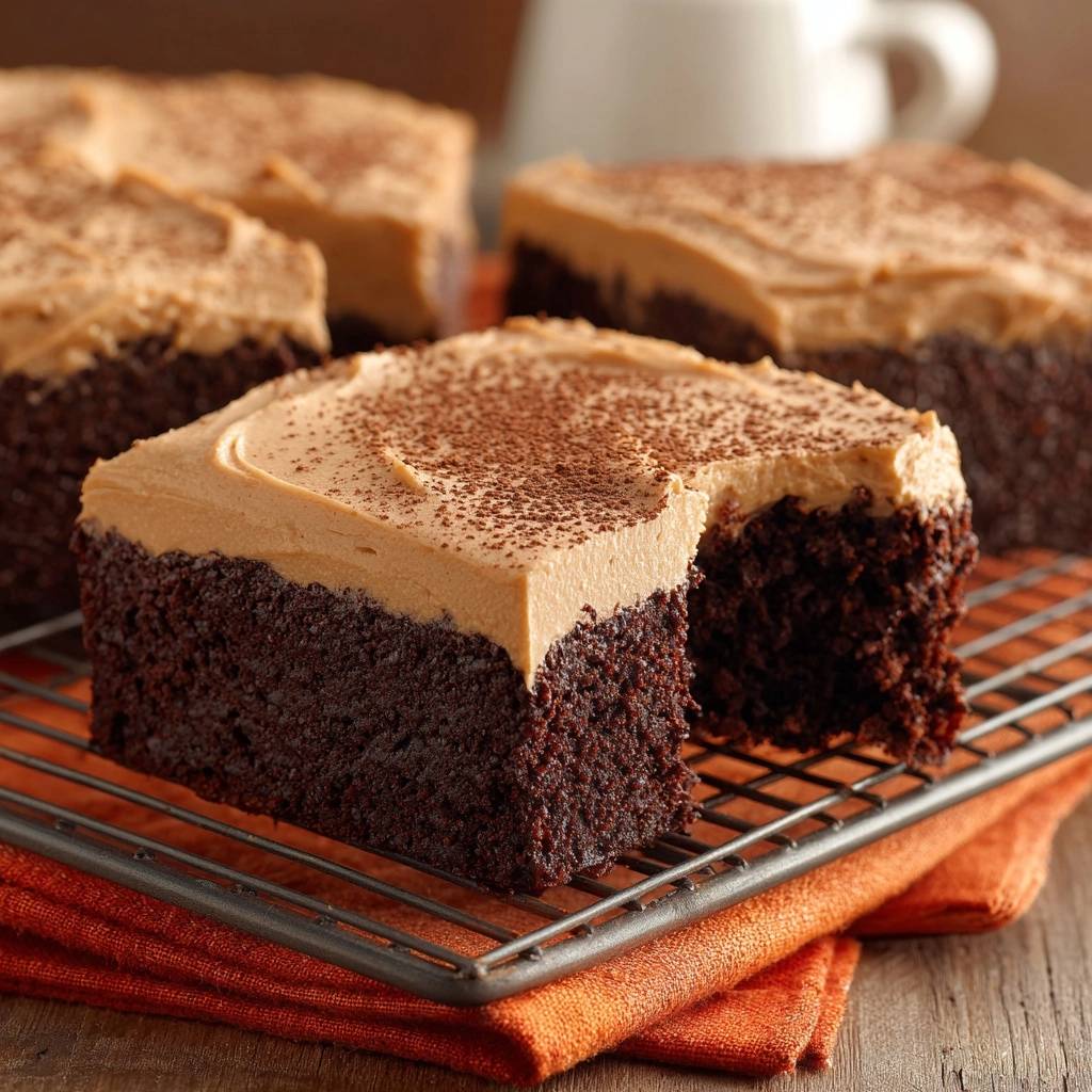 Saftige Schoko Brownies Mit Cremefrosting Angeschnitten 1 Saftige Schoko-Brownies mit Cremefrosting, angeschnitten, zeigen die lockere Textur des Kuchens und die cremige Glasur.