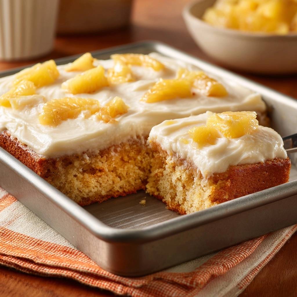 Saftiger Ananas Sahne Kuchen Querschnitt 1 Saftiger Ananas-Sahne-Kuchen mit einem herausgeschnittenen Stück, der die fluffige Textur und das saftige Innere zeigt.