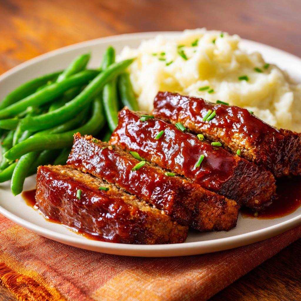 Saftiger Bbq Hackbraten Serviert 1 Saftiger BBQ-Hackbraten serviert mit cremigen Kartoffelpüree und knackigen grünen Bohnen auf einem Teller. Das Gericht ist mit frischem Schnittlauch garniert.