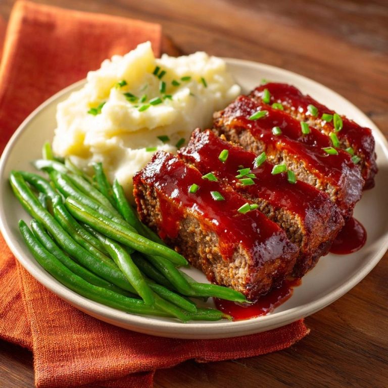 Saftiger BBQ-Hackbraten serviert mit cremigen Kartoffelpüree und knackigen grünen Bohnen auf einem Teller, garniert mit frischen Kräutern.