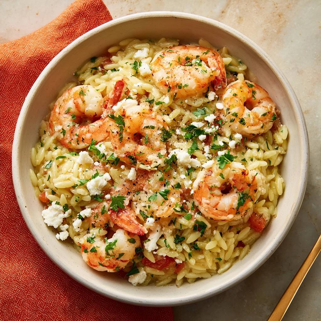 Saftiger Garnelen Orzo Mit Feta Draufsicht 1 Saftiger Garnelen-Orzo mit Feta in einer Schüssel von oben gesehen, garniert mit frischer Petersilie und Feta-Käse.
