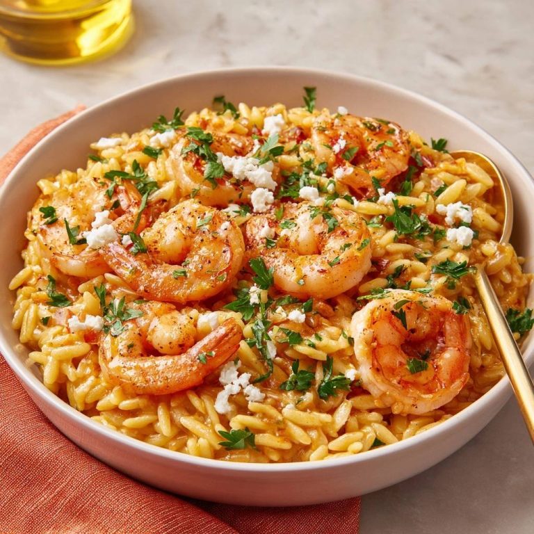 Saftiger Garnelen-Orzo mit Feta in einer Schüssel serviert, garniert mit frischer Petersilie und zerbröseltem Feta-Käse.