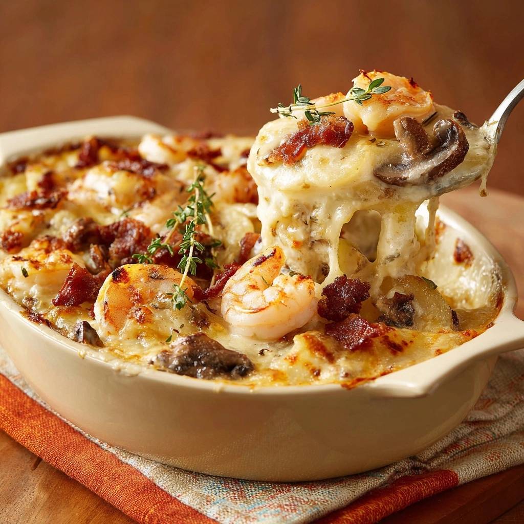 Saftiger Garnelen Pilz Kartoffel Auflauf Lffel Portion 1 Saftiger Garnelen-Pilz-Kartoffel-Auflauf wird mit einem Löffel serviert, der eine köstliche Portion mit Garnelen, Pilzen und geschmolzenem Käse zeigt.