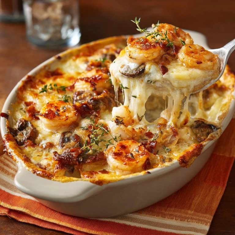 Saftiger Garnelen-Pilz-Kartoffel-Auflauf mit geschmolzenem Käse, der gerade von einem Löffel abgehoben wird, und frischen Kräutern.