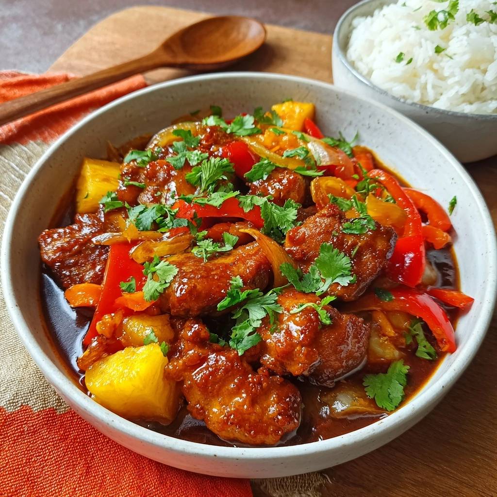 Saftiges Ananas Huhn Mit Paprika Serviert 1 Saftiges Ananas-Hähnchen mit Paprika serviert in einer Schüssel, garniert mit frischer Petersilie und serviert mit Reis.