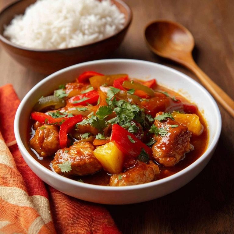 Saftiges Ananas-Hähnchen mit Paprika serviert in einer weißen Schüssel. Der Fokus liegt auf dem Gericht mit frischen Kräutern garniert.