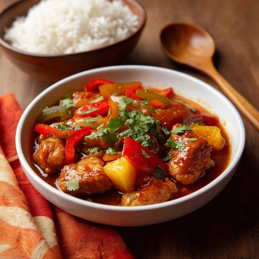 Saftiges Ananas-Hähnchen mit Paprika serviert in einer weißen Schüssel. Der Fokus liegt auf dem Gericht mit frischen Kräutern garniert.