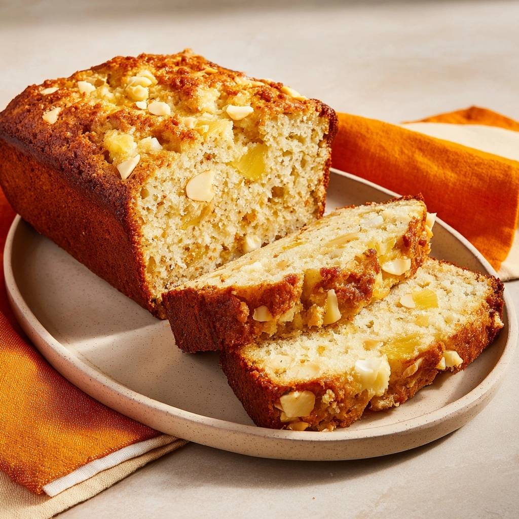 Saftiges Ananas Weisschokoladenbrot Querschnitt 1 Saftiges Ananas-Weißschokoladenbrot im Querschnitt, um die saftige Textur und die Ananas- und Schokostückchen zu zeigen.