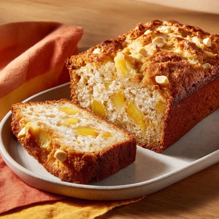 Saftiges Ananas-Weißschokoladenbrot mit einem saftigen Querschnitt, der die fruchtige Ananas und die Schokoladenstücke zeigt.