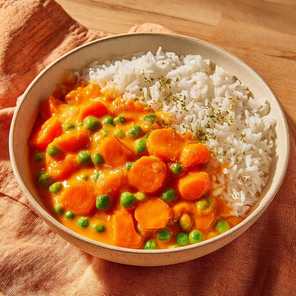 Saftiges Garnelen Curry Mit Reis Draufsicht 1 Saftiges Garnelen-Curry mit Reis, serviert in einer Schüssel, mit frischem, dampfendem Reis und Curry-Gemüse. Ein köstliches Mittag- oder Abendessen.
