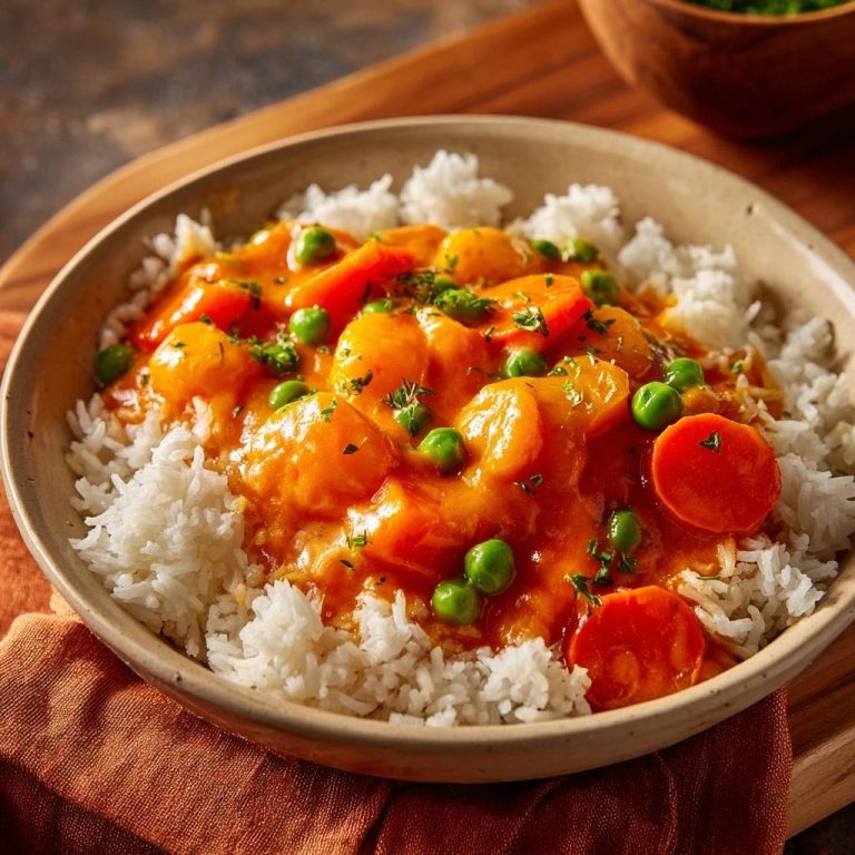 Saftiges Garnelen-Curry mit Reis in Nahaufnahme, serviert in einer Schüssel, mit dampfendem Curry und frischen Erbsen garniert.