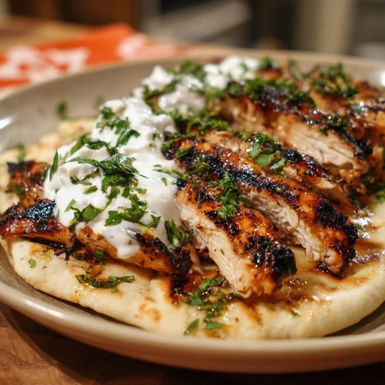 Saftiges Grillhähnchen mit Joghurt-Sauce, serviert auf Fladenbrot, garniert mit frischer Petersilie, ein köstliches Gericht.