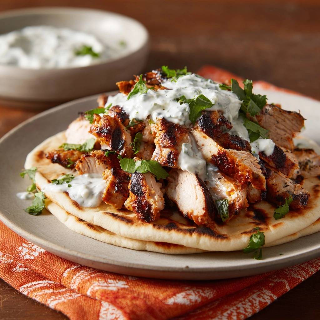 Saftiges Grillhahnchen Mit Joghurt Sauce Serviert 1 Saftiges Grillhähnchen mit Joghurt-Sauce serviert auf Fladenbrot, garniert mit frischen Kräutern und cremiger Joghurt-Sauce.