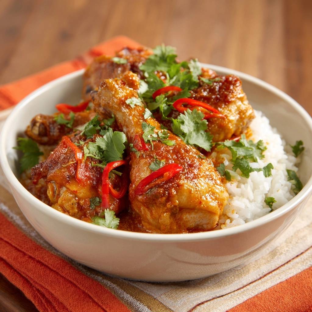 Saftiges Hahnchen Curry Mit Reis Serviert 1 Saftiges Hähnchen-Curry mit Reis, serviert in einer Schüssel, garniert mit frischem Koriander und roten Chiliringen.