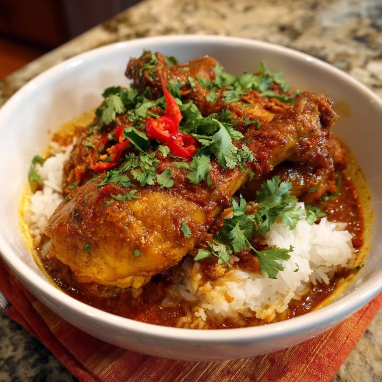 Saftiges Hähnchen-Curry mit Reis, serviert in einer Schüssel, garniert mit frischem Koriander und roten Chilischoten.