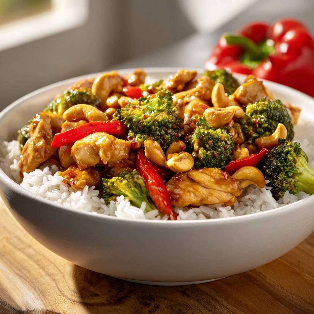 Saftiges Huhn Brokkoli Pfanne Mit Cashews Serviert 1 Saftiges Hähnchen-Brokkoli-Pfanne mit Cashews serviert in einer weißen Schüssel auf einem Holztisch, mit frischem Gemüse.