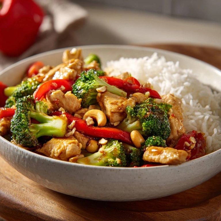 Saftiges Hähnchen-Brokkoli-Pfanne mit Cashews serviert in einer Schüssel, neben fluffigem Reis und frischem Gemüse. Ein köstliches und sättigendes Gericht.