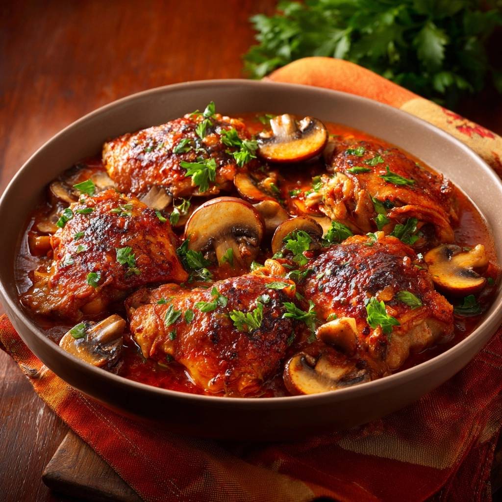 Saftiges Huhnchen Mit Champignons Draufsicht 1 Saftiges Hähnchen mit Champignons in Tomatensoße, serviert in einer rustikalen Schüssel, garniert mit frischer Petersilie und Champignons.