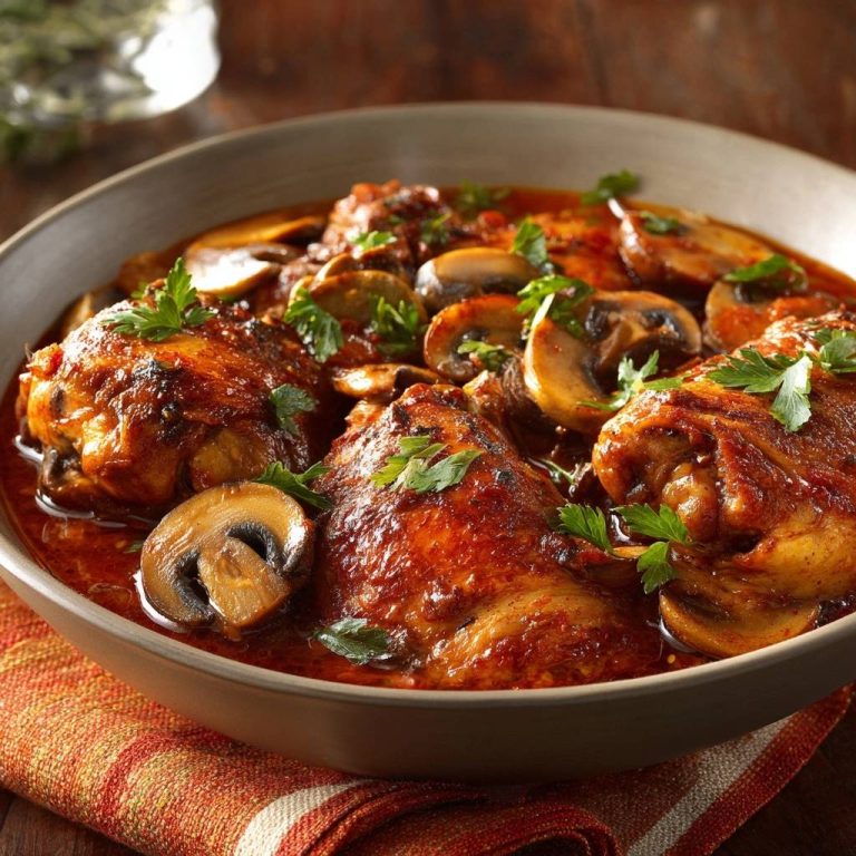 Saftiges Hähnchen mit Champignons in Tomatensoße, serviert in einer Schüssel, mit frischer Petersilie garniert und in Nahaufnahme fotografiert.
