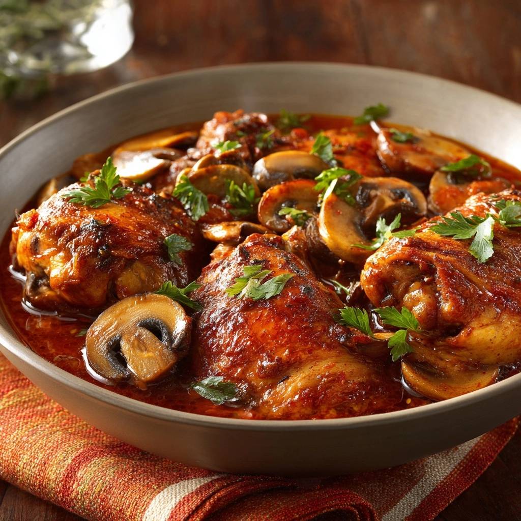 Saftiges Hähnchen mit Champignons in Tomatensoße, serviert in einer Schüssel, mit frischer Petersilie garniert und in Nahaufnahme fotografiert.