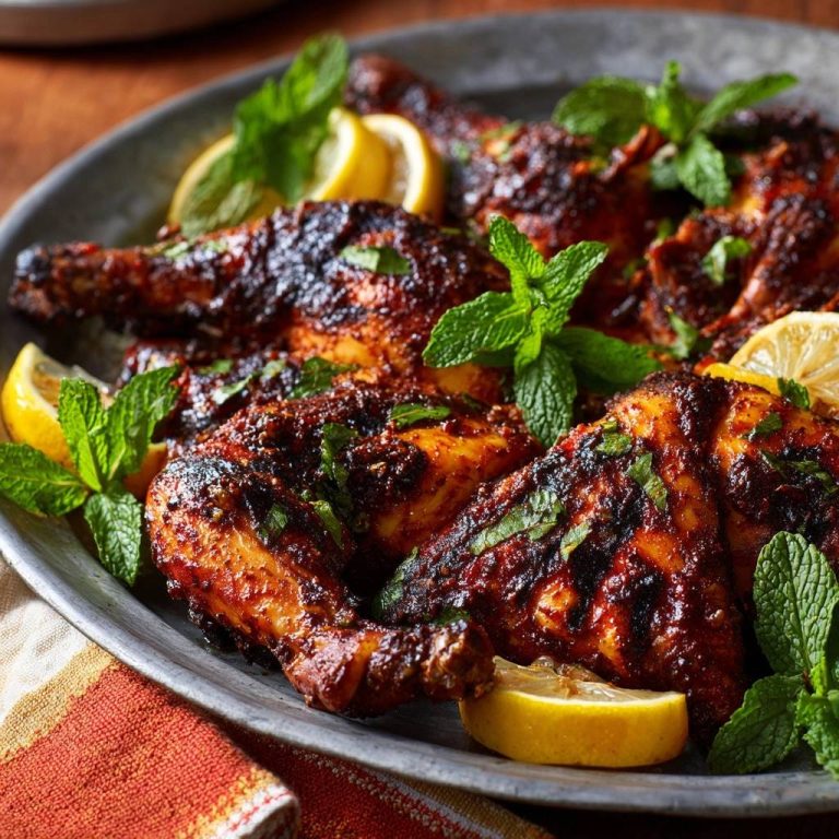 Saftiges Masala-Hähnchen, serviert auf einer Platte, garniert mit frischer Minze und Zitronenspalten, in Nahaufnahme fotografiert.