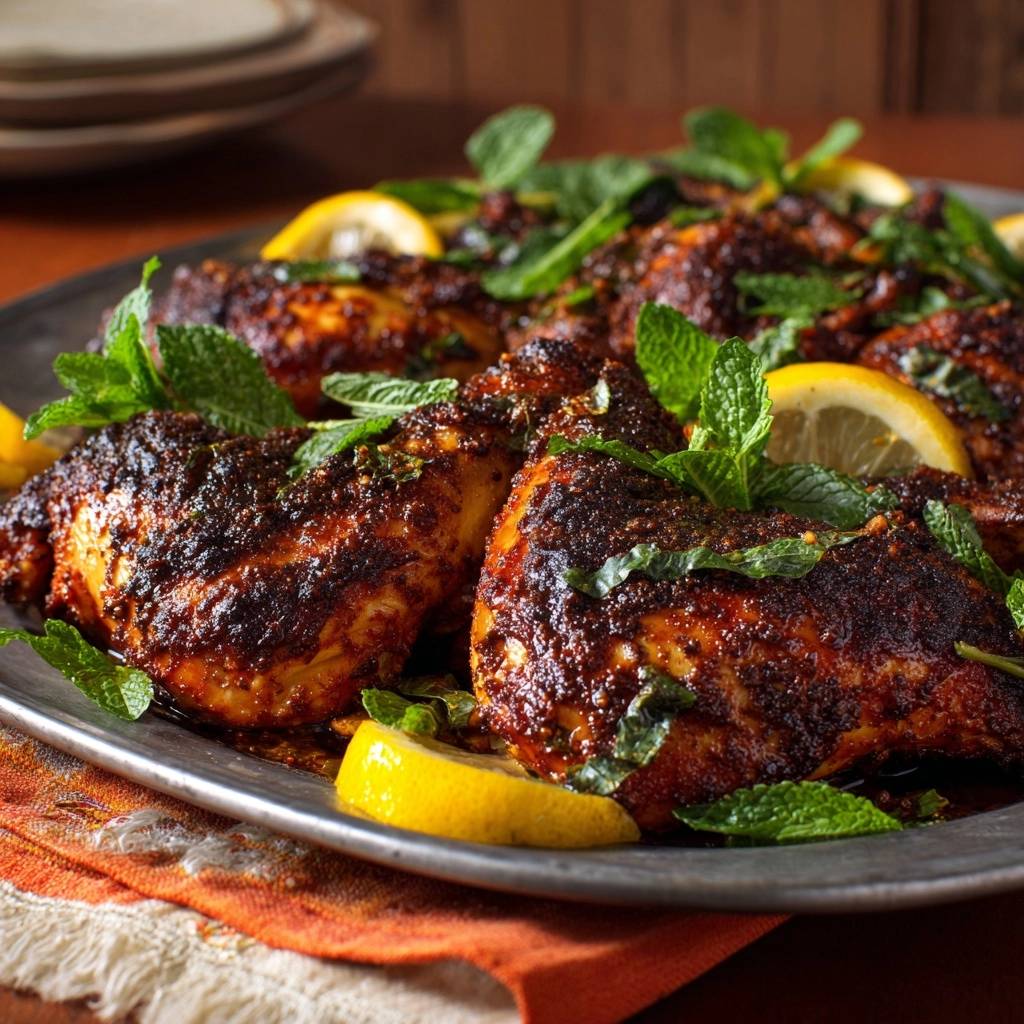 Saftiges Masala Huhn Nahaufnahme Serviert 1 Saftiges Masala-Hähnchen, serviert auf einem silbernen Teller, garniert mit frischer Minze und Zitronenspalten. Die knusprige Kruste zeigt die würzige Marinade.