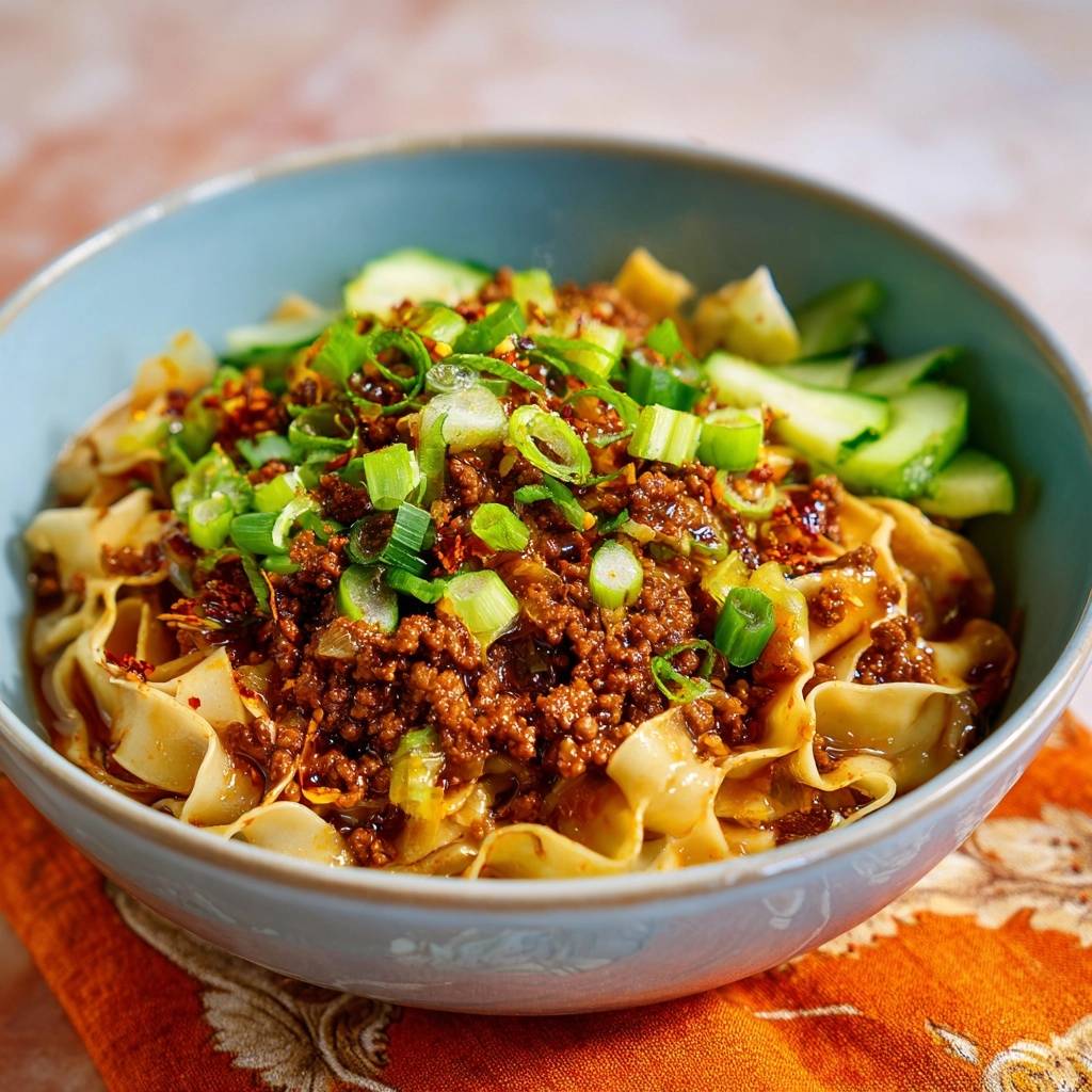 Saftiges Rind Hack Udon Draufsicht Serviert 1 Saftiges Rind-Hack-Udon in einer Schüssel serviert, garniert mit frischem Schnittlauch und Chili-Flocken. Das Hackfleisch ist perfekt krümelig.