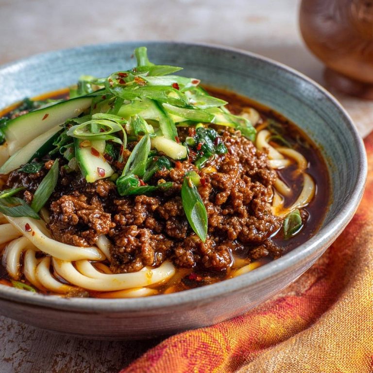 Saftiges Rind-Hack-Udon in Nahaufnahme, garniert mit frischen Frühlingszwiebeln und Gurkenstreifen. Das perfekt krümelige Hackfleisch liegt auf den dicken Udon-Nudeln.