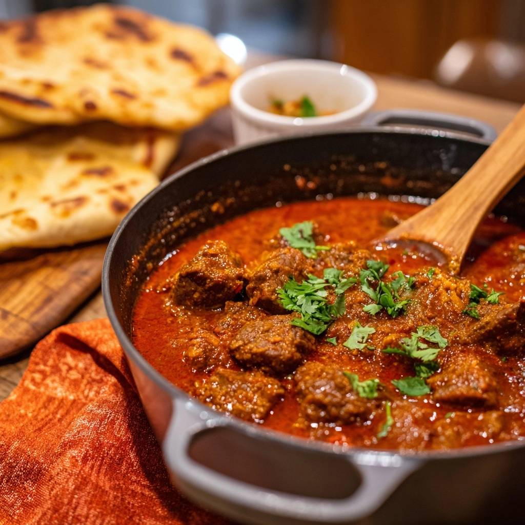 Saftiges Rindfleisch Curry Mit Naan Nahaufnahme 1 Saftiges Rindfleisch-Curry mit Naan in Nahaufnahme: Die fleischigen Stücke in der reichhaltigen Soße, garniert mit frischer Petersilie.