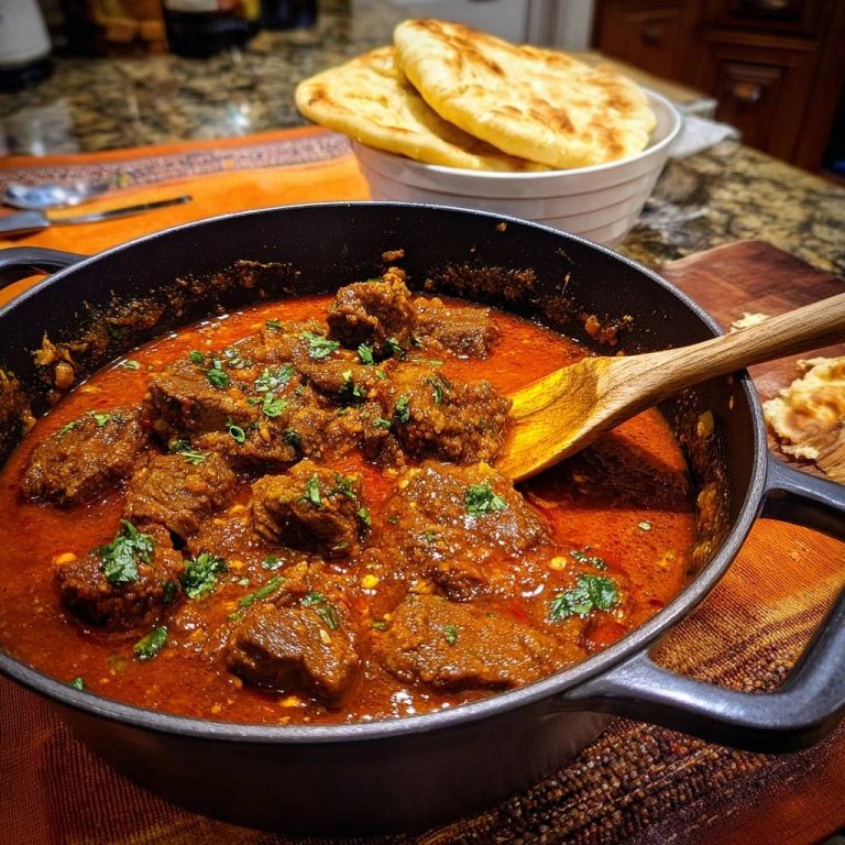 Saftiges Rindfleisch-Curry mit Naan in einer Nahaufnahme, serviert in einem Topf mit einem Holzlöffel, garniert mit frischer Petersilie.