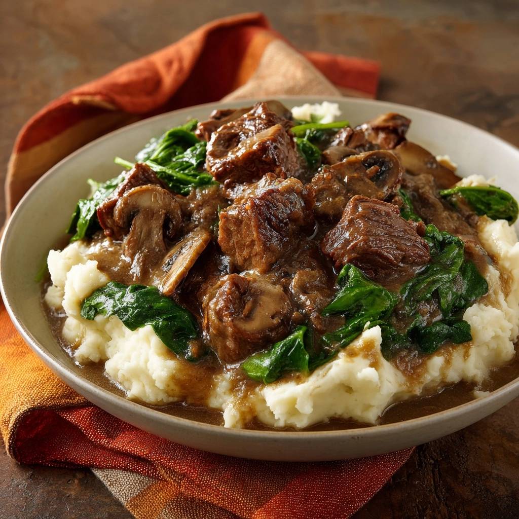 Saftiges Rindfleisch Mit Champignons Serviert 1 Saftiges Rindfleisch mit Champignons und Spinat auf cremigem Püree serviert in einer Schüssel, bereit zum Genießen.
