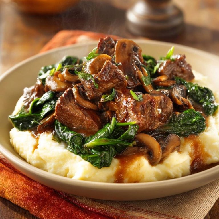 Saftiges Rindfleisch mit Champignons und Spinat auf cremigem Püree, serviert in einer Schüssel, mit dampfendem Essen und frischen Zutaten.