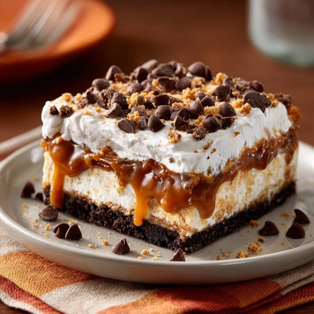 Schoko Karamell Cheesecake Querschnitt 1 Schoko-Karamell-Cheesecake zeigt einen köstlichen Querschnitt mit Karamell, Sahne, Schokoladenchips und knusprigem Bodenbelag. Ein dekadenter Genuss.