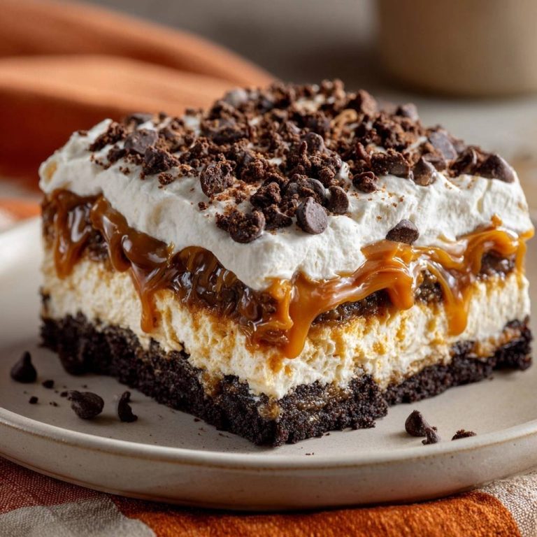 Schoko-Karamell-Cheesecake zeigt einen köstlichen Querschnitt mit cremiger Käsekuchenschicht, Karamell und Schokoladenstückchen.