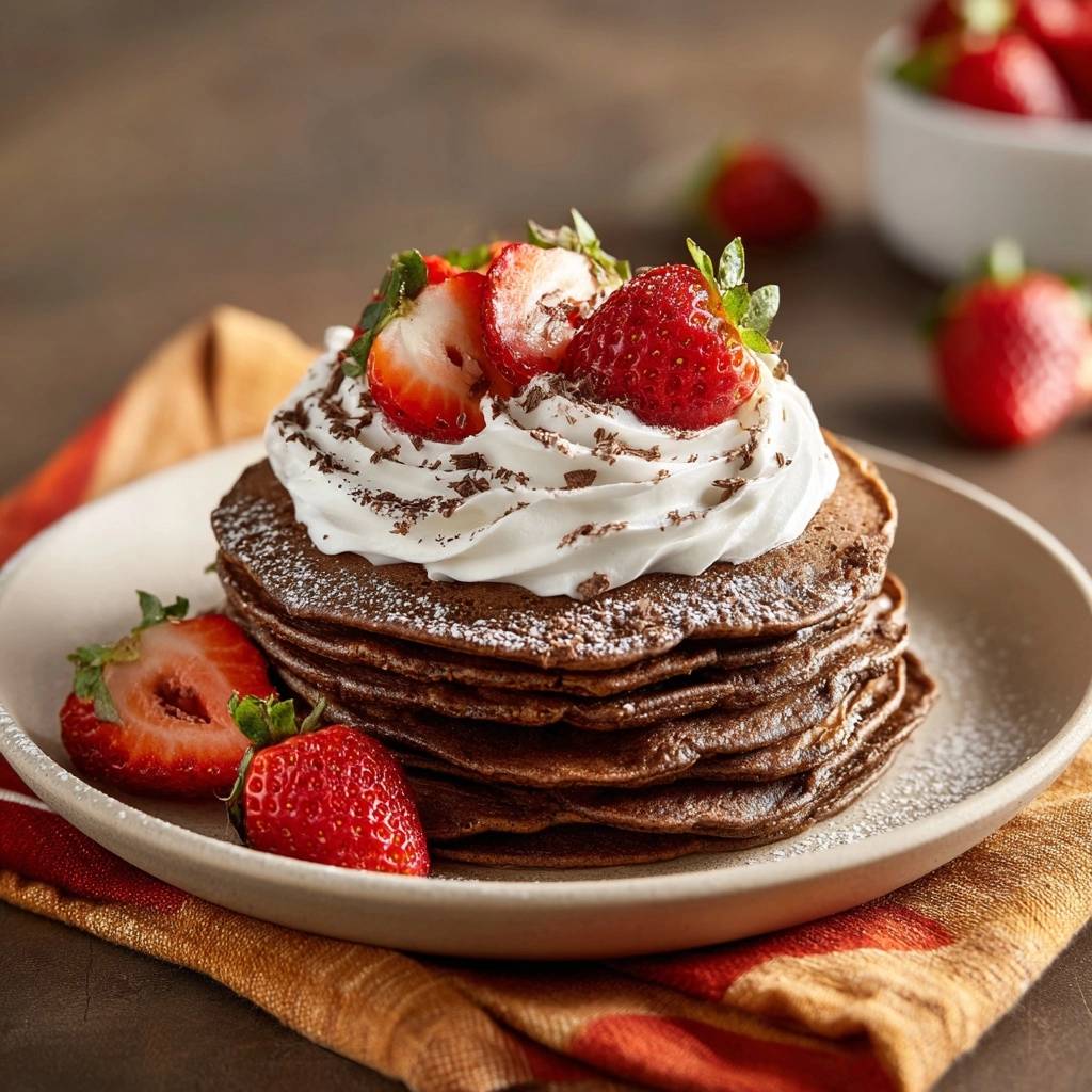 Schoko Pfannkuchen Mit Sahne Und Erdbeeren Serviert 1 Schoko-Pfannkuchen mit Sahne und Erdbeeren serviert auf einem Teller mit frischen Erdbeeren, garniert mit Schlagsahne und Schokostreuseln.