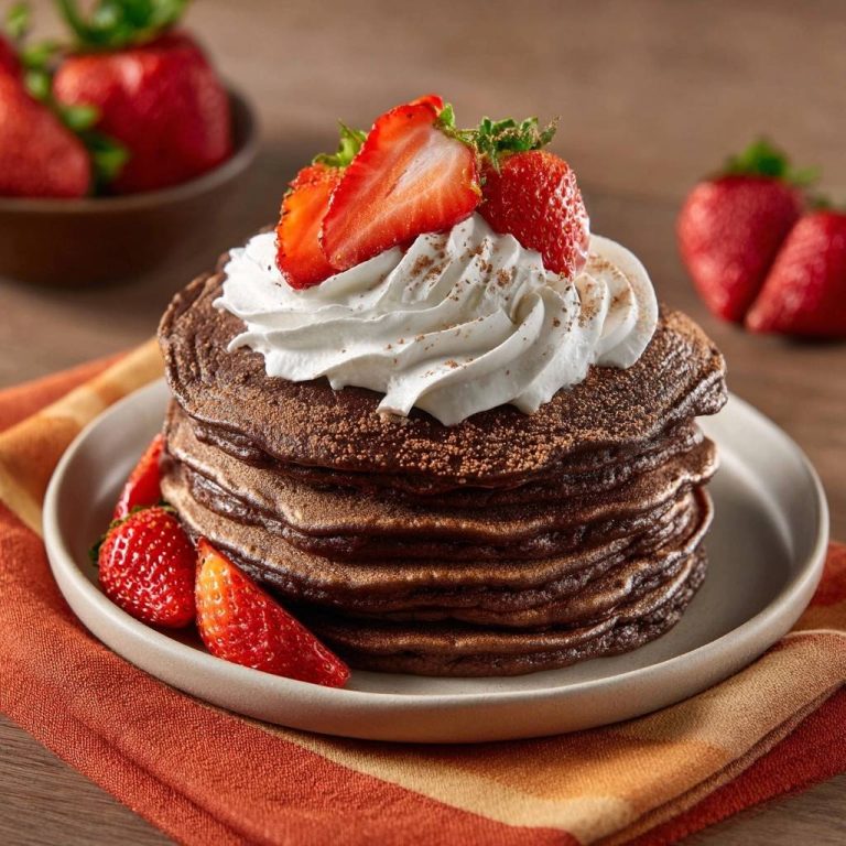 Schoko-Pfannkuchen mit Sahne und Erdbeeren serviert auf einem Teller, garniert mit frischen Erdbeeren und einem großzügigen Klecks Sahne.