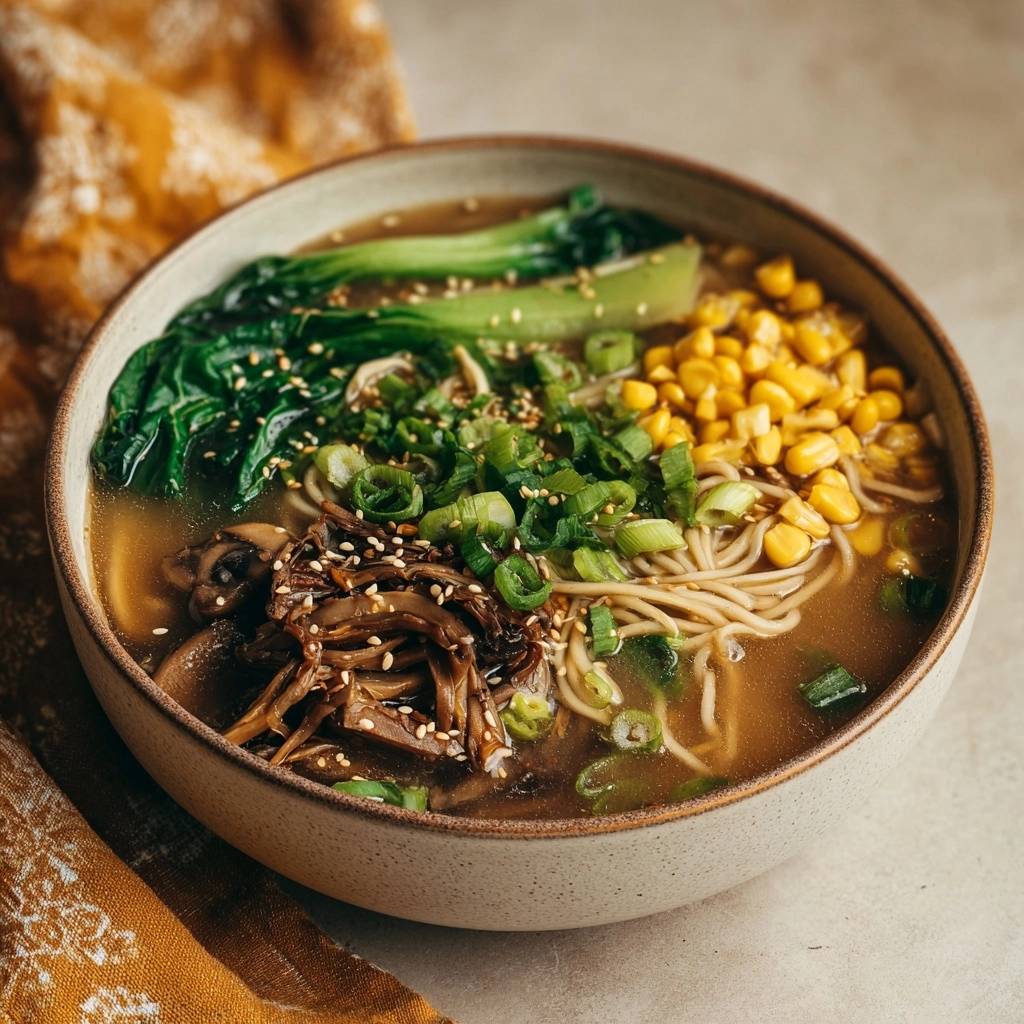 Shiitake Nudel Suppe Von Oben 1 Shiitake-Nudel-Suppe in einer Schüssel, von oben gesehen, mit frischem Gemüse, Mais und perfekt gegarten Nudeln.